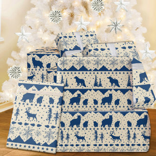 Nordic Sweater Navy Blue Winter Animals Beige Wrapping Paper