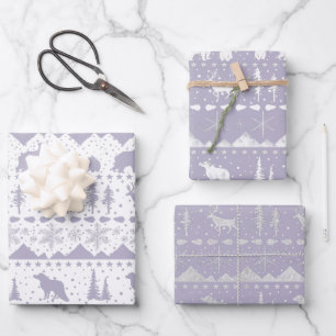 Nordic Sweater Purple White Silver Winter Animals Wrapping Paper Sheet