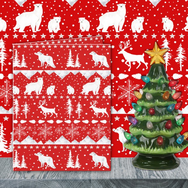Nordic Sweater Red And White Winter Animals Holiday Card (Nordic Sweater Red And White Winter Animals Holiday Wraparound Graphics Card. Numerous color combos.)