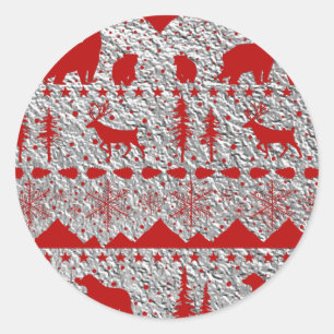 Nordic Sweater Red Winter Animals Silver Classic Round Sticker