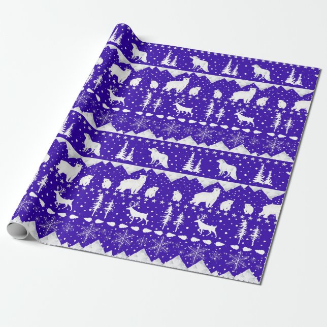 Nordic Sweater Royal Purple White Winter Animals Wrapping Paper (Unrolled)