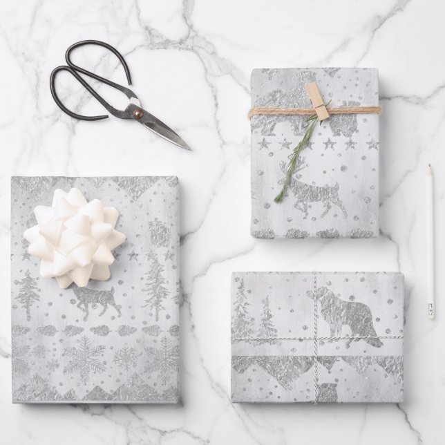 Nordic Sweater Silver Winter Animals On Silver Wrapping Paper Sheet (Front)