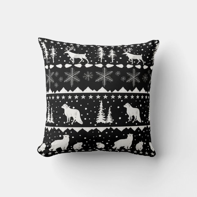 Nordic Sweater White Winter Animals Black Cushion (Front)