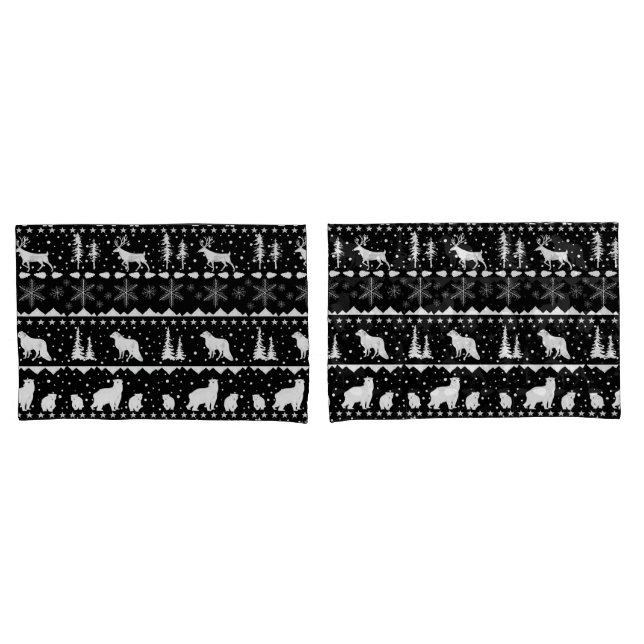 Nordic Sweater White Winter Animals Black Pillowcase (Front-Set)