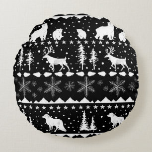 Nordic Sweater White Winter Animals Black Round Cushion