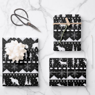 Nordic Sweater White Winter Animals Black Wrapping Paper Sheet