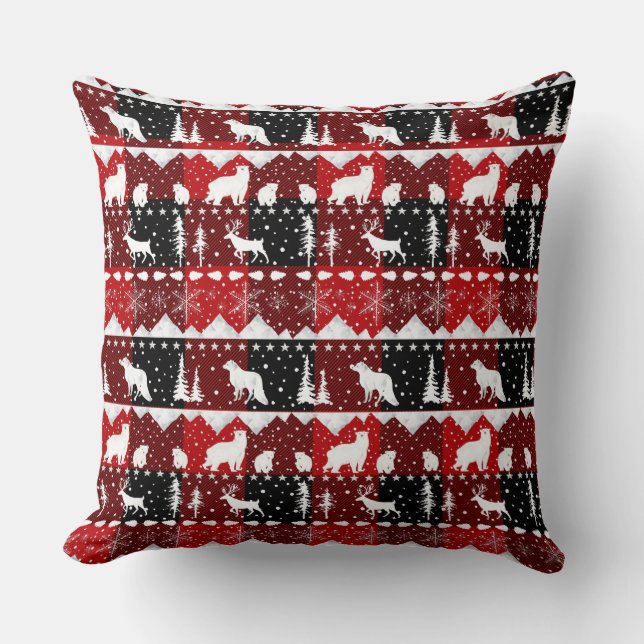 Nordic Sweater White Winter Animals Buffalo Plaid Cushion (Front)