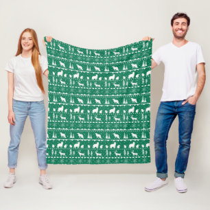 Nordic Sweater White Winter Animals Green Fleece Blanket