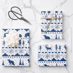 Nordic Sweater White Winter Animals Navy Blue Wrapping Paper Sheet