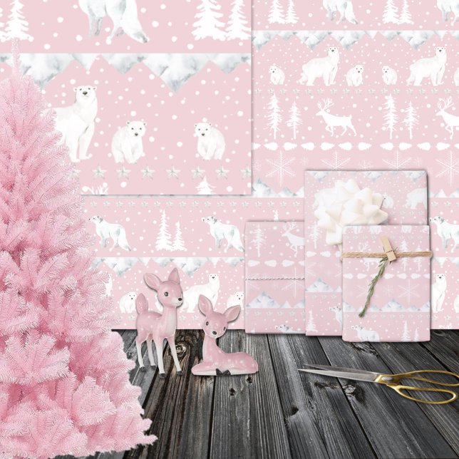 Nordic Sweater White Winter Animals Pretty Pink Wrapping Paper (Nordic Sweater White Winter Animals Pretty Pink Wrapping Paper Rolls)