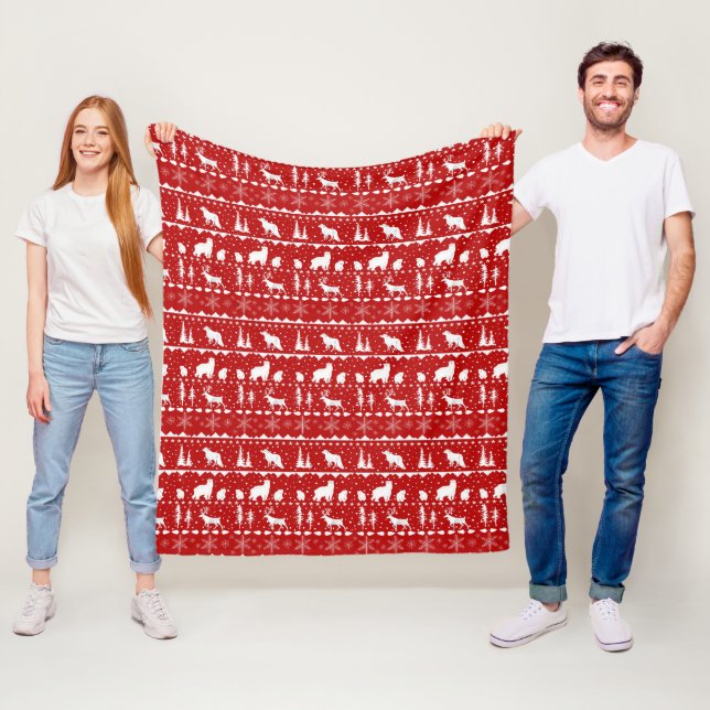 Nordic Sweater White Winter Animals Red Fleece Blanket (In Situ)