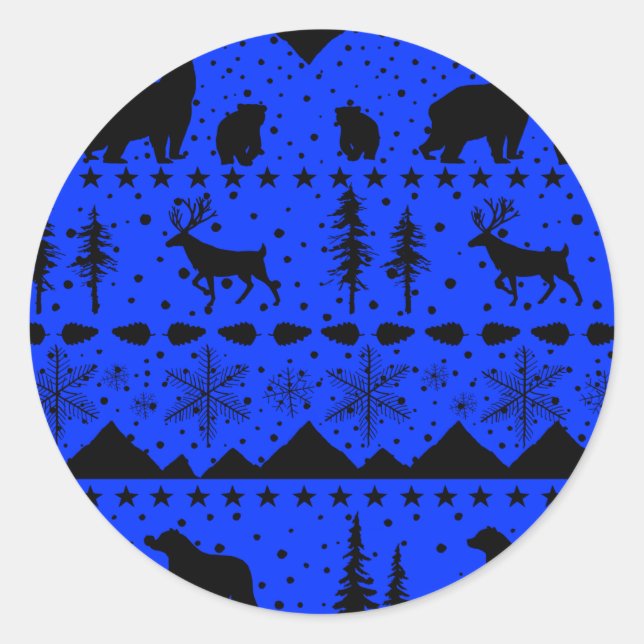 Nordic Sweater Winter Animals Black And Blue Classic Round Sticker (Front)