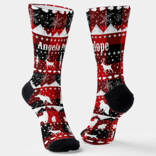 Nordic Sweater Winter Animals Buffalo Plaid Name Socks