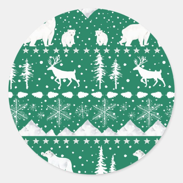 Nordic Sweater Winter Animals Forest Green Classic Round Sticker (Front)