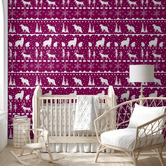 Nordic Sweater Winter Animals French Plum Red Wallpaper (Kids)