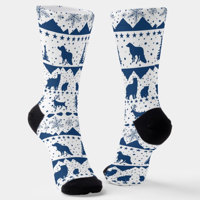 Nordic Sweater Winter Animals Navy And White Socks (Angled)