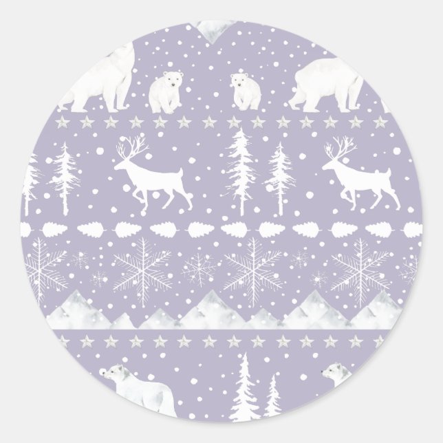 Nordic Sweater Winter Animals Purple And White Classic Round Sticker (Front)