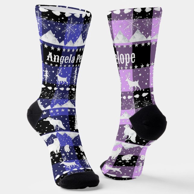 Nordic Sweater Winter Animals Purple Violet Plaid Socks (Angled)