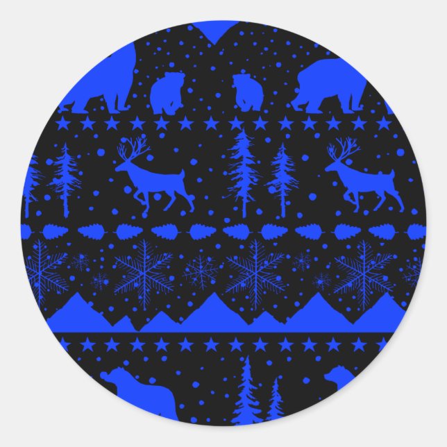 Nordic Sweater Winter Animals Royal Blue & Black Classic Round Sticker (Front)