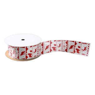 Nordic Sweater Winter Animals White & Holiday Red Satin Ribbon