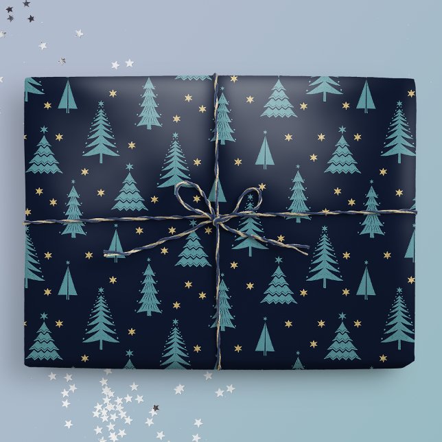 Nordic Teal Christmas Trees Dark Wrapping Paper (Creator Uploaded)