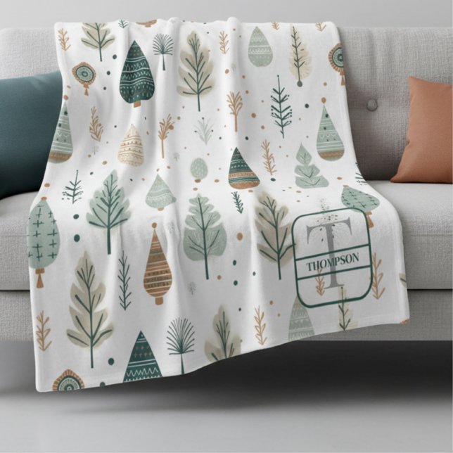 Nordic Trees Scandi Monogram Name Fleece Blanket (Creator Uploaded)