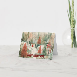 Nordic village forest scene. Happy Christmas Holiday Card