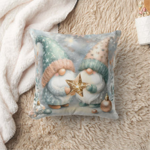 Nordic Whimsical Christmas Gnome Blue Gold Holiday Cushion