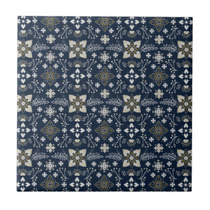 Nordic white and gold flowers on blue background ceramic tile