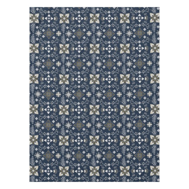Nordic white and gold flowers on blue background  tablecloth (Front)