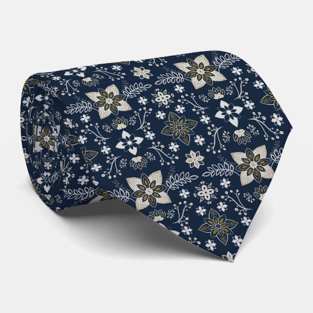 Nordic white and gold flowers on blue background  tie (Rolled)
