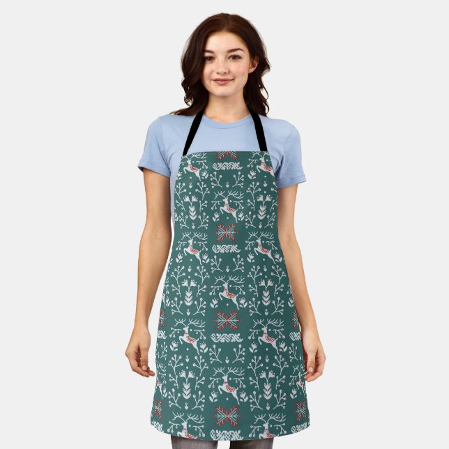 Nordic White Reindeer Pattern on Teal Apron (Worn)