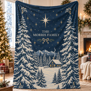 Nordic Winter Cabin Celestial Folk Art Holiday Fleece Blanket