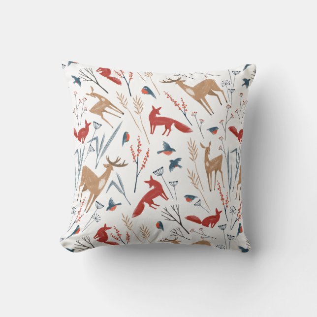 Nordic Winter Forest Animals and Berries Pattern Cushion (Front)