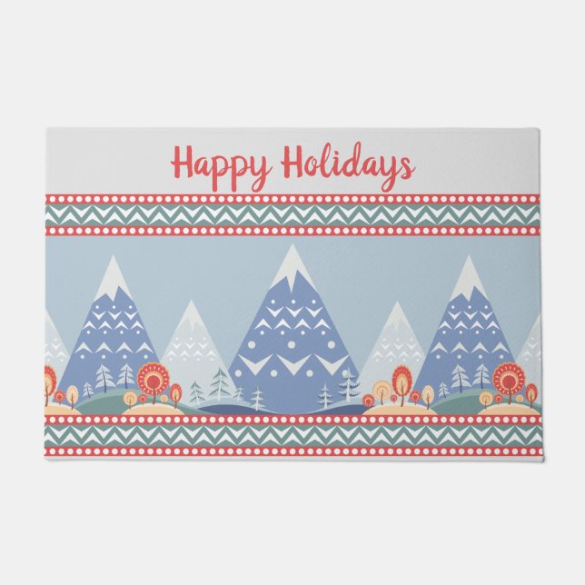 Nordic Winter Mountains Holiday Message Doormat (Front)
