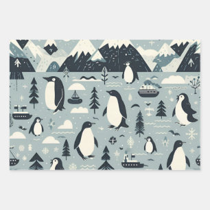 Nordic Winter  Reindeer Penguins Seals Abstract Wrapping Paper Sheet