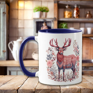 Nordic Winter Reindeer Pink Blue Monogram Mug