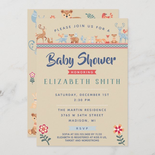 Nordic Woodland Animals Baby Shower Invitation (Front/Back)