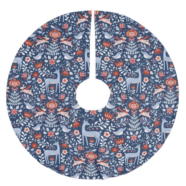 Nordic Woodland Animals Blue Pattern Brushed Polyester Tree Skirt (Front)