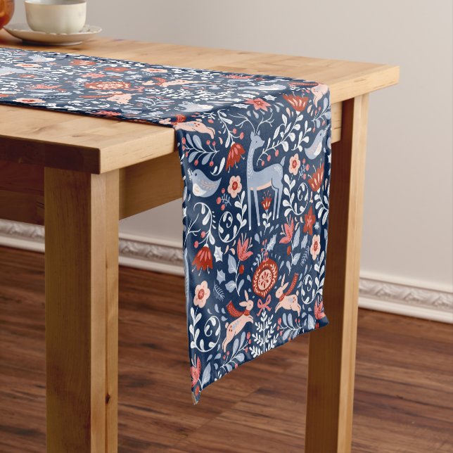 Nordic Woodland Animals Blue Pattern Short Table Runner (In Situ)