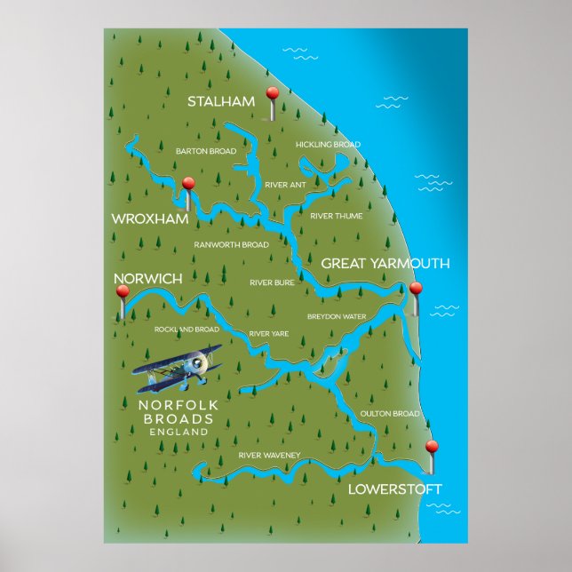 Norfolk Broads England Map. Poster (Front)