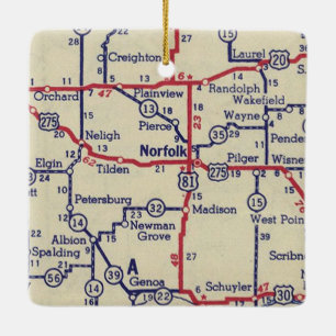 Norfolk NE Vintage Map Ceramic Ornament