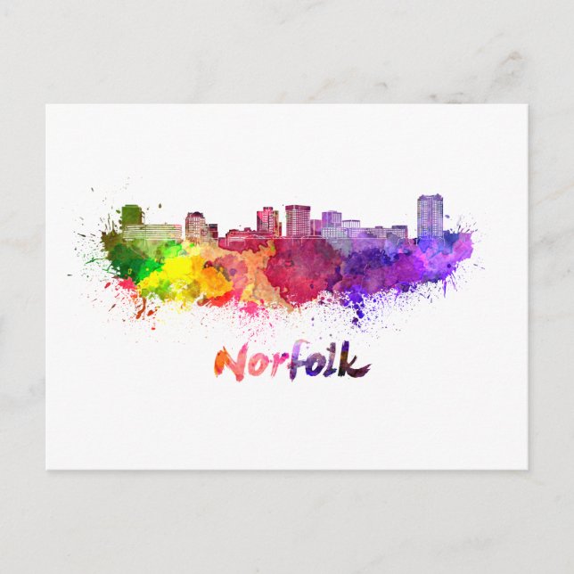 Norfolk skyline in watercolor postcard (Front)