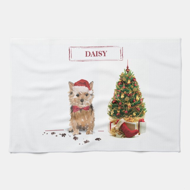 Norfolk Terrier Funny Christmas Dog with Tree Tea Towel (Horizontal)