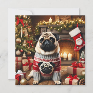 Norman T Pug Fireplace Holiday Card