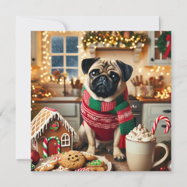 Norman T Pug with hot Mug Holiday Card (Front)