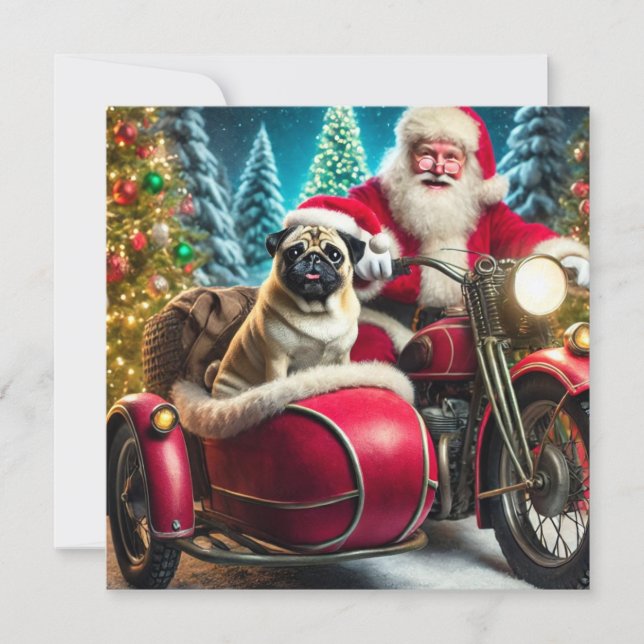 Norman T Pug with Santa and side car Holiday Card (Front)