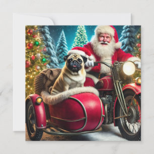 Norman T Pug with Santa and side car Holiday Card