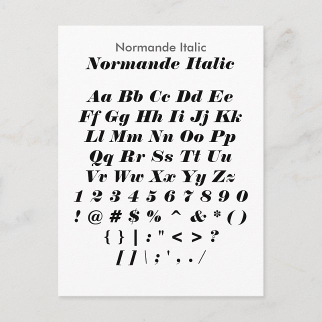 Normande Italic - Zazzle Font Sampler Sheet Postcard (Front)