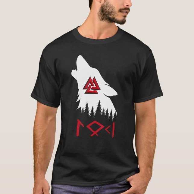 Norse Mythology Wolf Valknut Rune Circle Viking T-Shirt (Front)